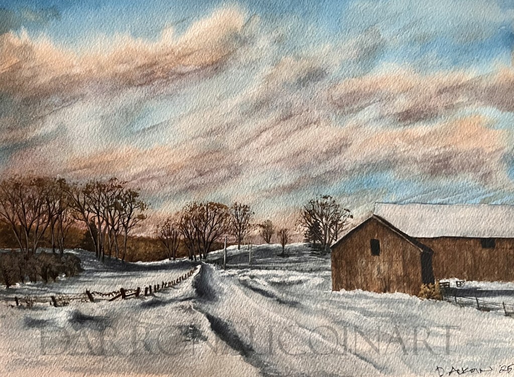 Watercolour painting of a snowy landscape featuring a barn, trees, and a winding pathway under a cloudy sky.