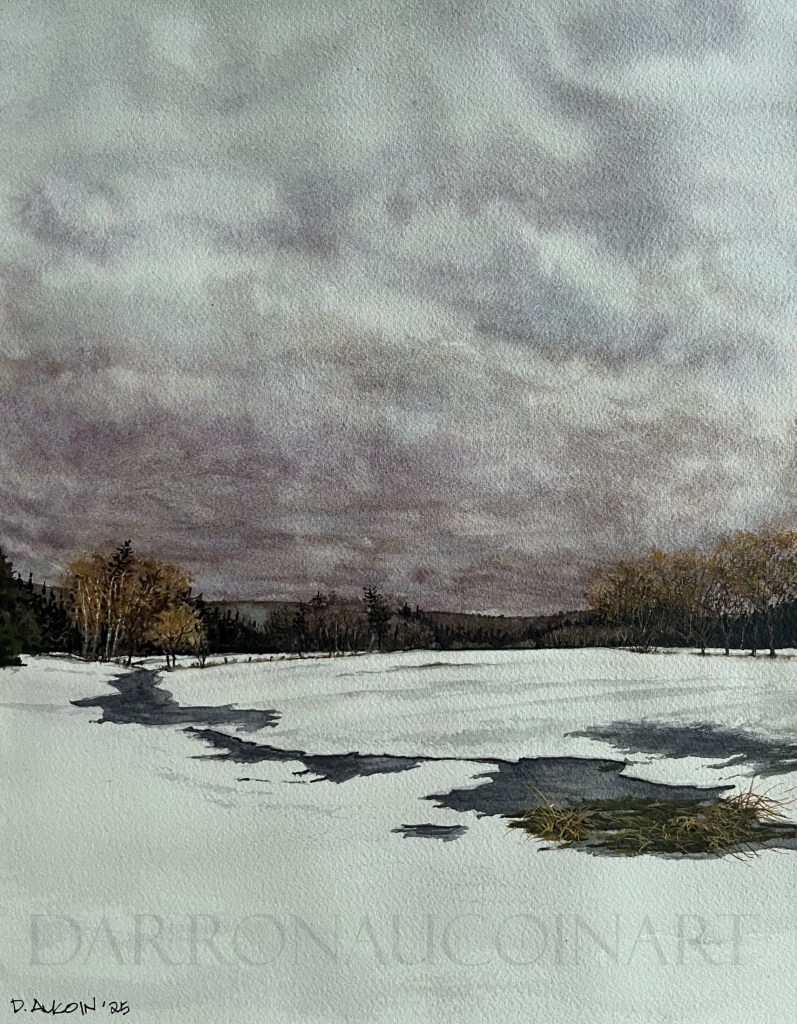 Watercolour painting of a winter landscape featuring snow-covered ground, trees, and a cloudy sky.