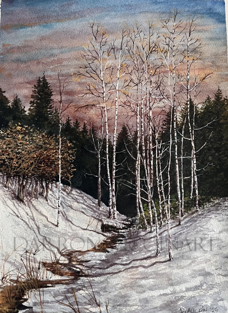Watercolor painting depicting a serene winter landscape with white birch trees, snow-covered ground, and a colorful sky at dusk.