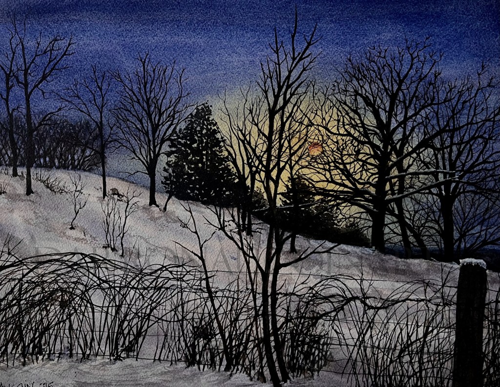 Watercolour painting of a wintry landscape featuring bare trees against a twilight sky with a subtle sunset glow and snow-covered ground.