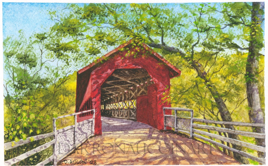 Watercolour painting of a red covered bridge surrounded by green trees and foliage, with sunlight illuminating the scene.