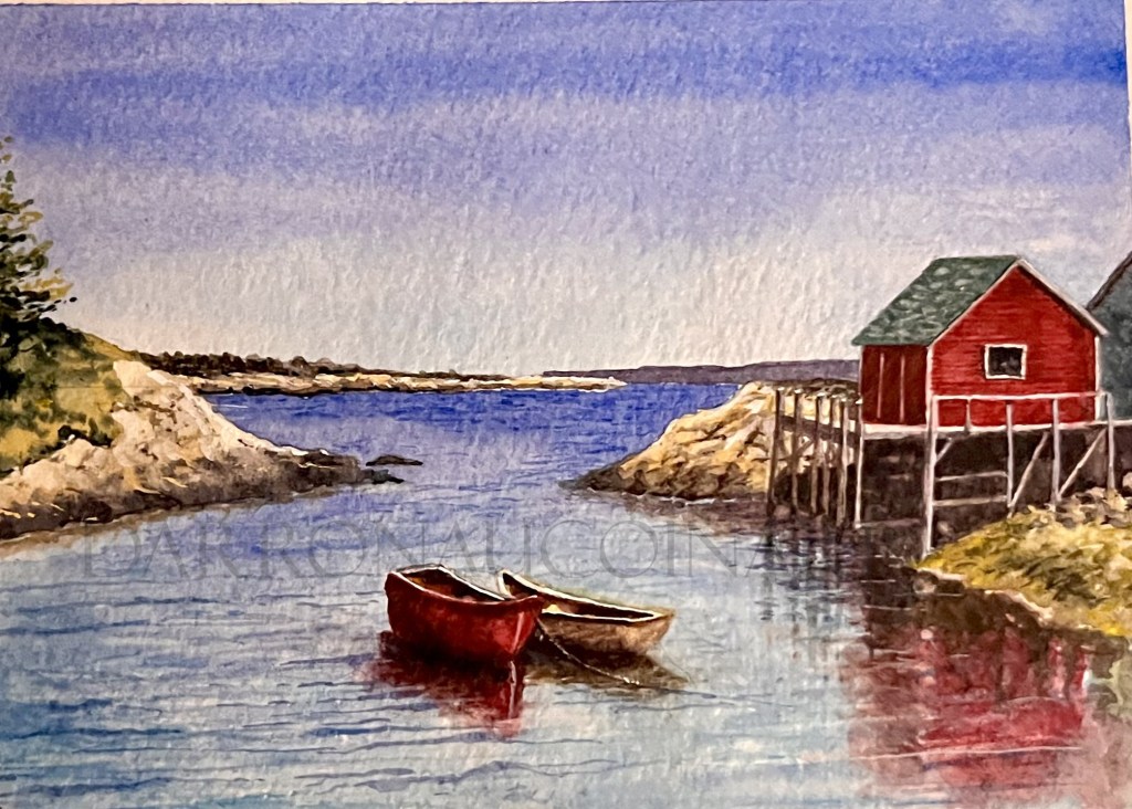 Watercolour painting of a serene waterfront scene featuring two boats in calm water near a red fishing shack and rocky shoreline under a blue sky.