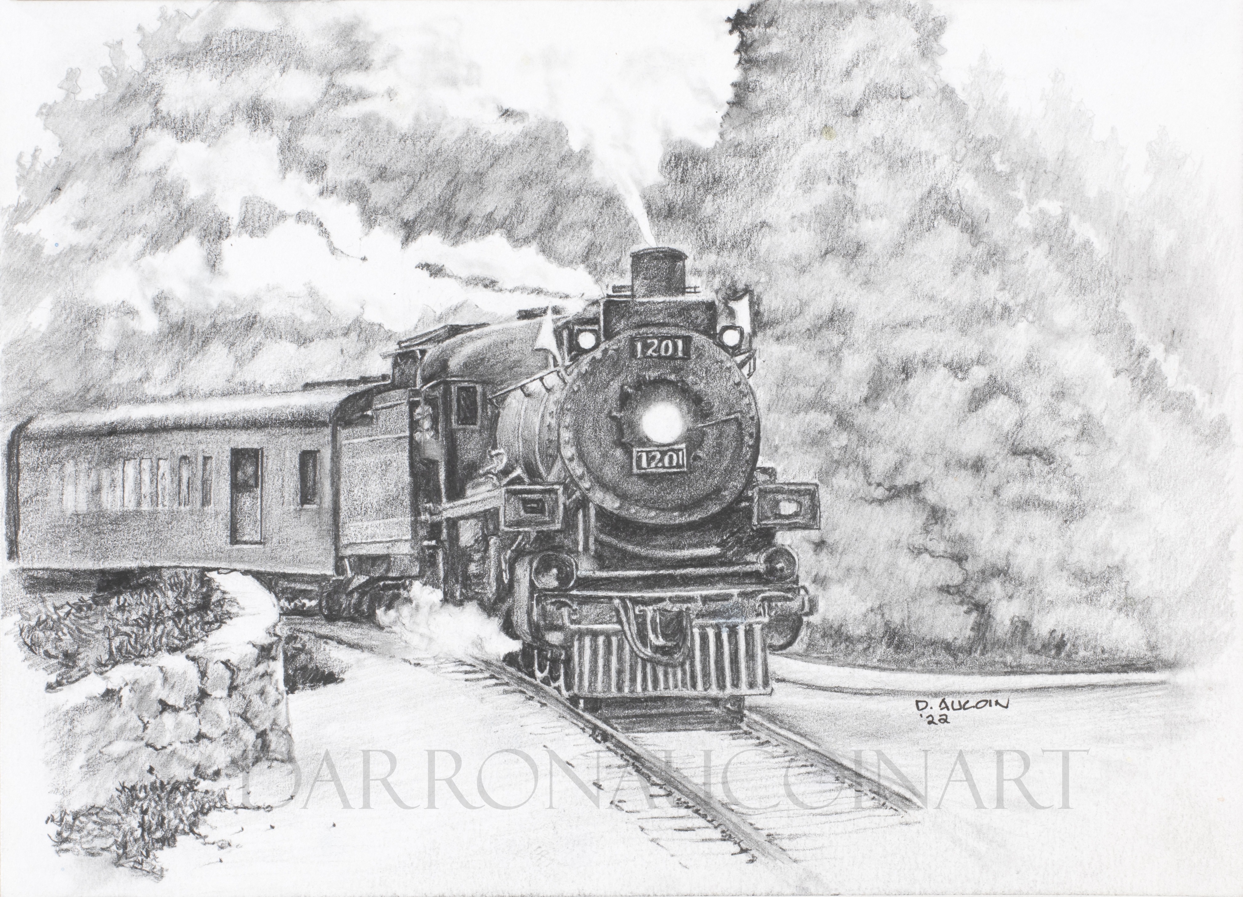 Pencil sketch of a steam locomotive with the number 1201, surrounded by clouds and railway tracks.