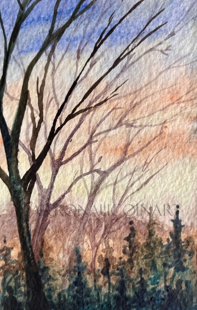 Watercolor painting of bare trees silhouetted against a gradient sky transitioning from blue to warm tones, with hints of foliage at the bottom.