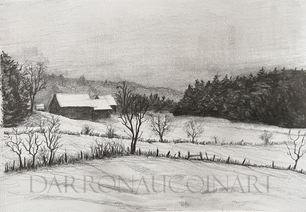 Pencil sketch of a winter landscape featuring a cabin surrounded by snow, with trees and hills in the background.