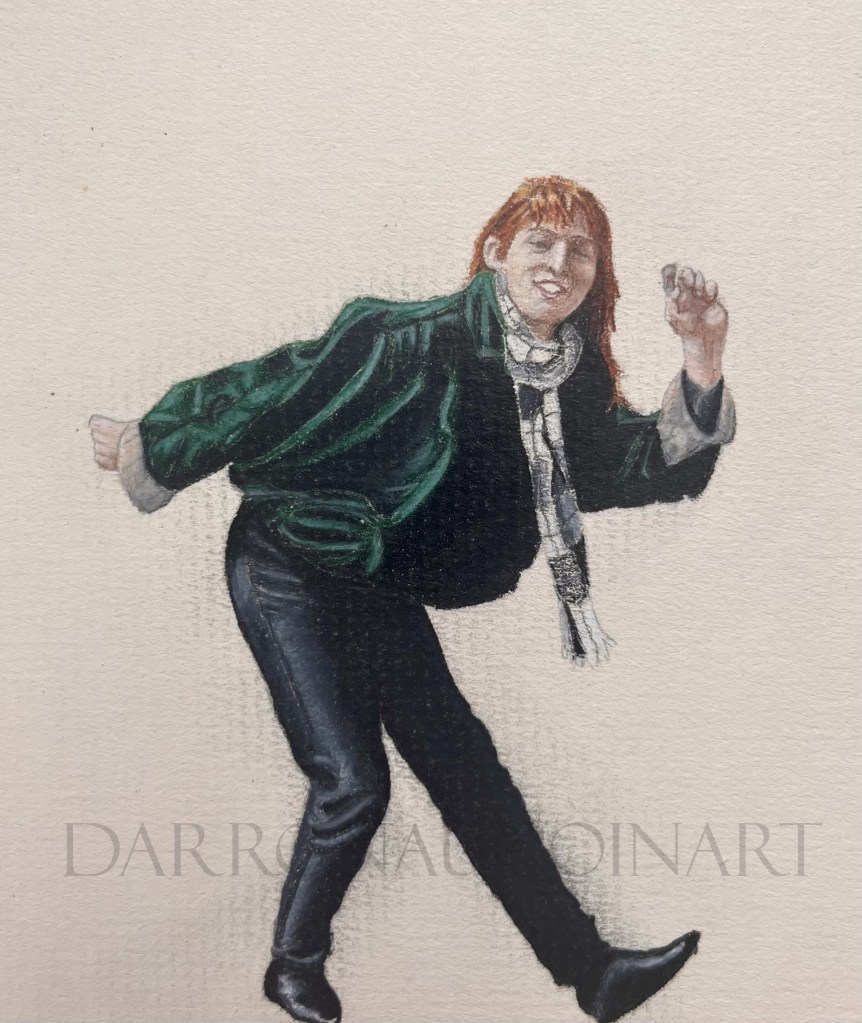 A colored pencil portrait of a woman wearing a green jacket and a scarf, posed playfully while smiling and waving her hand.