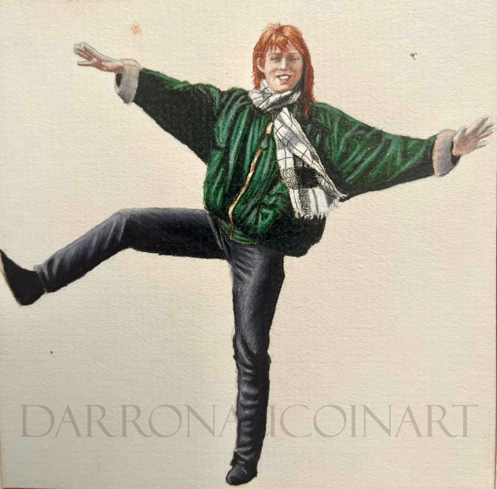 A colorful portrait of a person with red hair, wearing a green jacket and scarf, striking a playful pose with one leg raised.