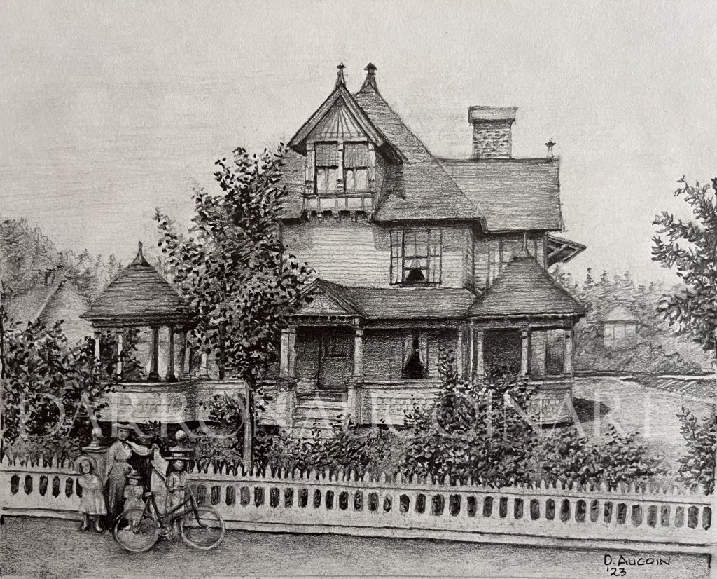 Pencil sketch of a Victorian-style house surrounded by trees, with a white picket fence in front. A woman and three children stand by a bicycle in the foreground.