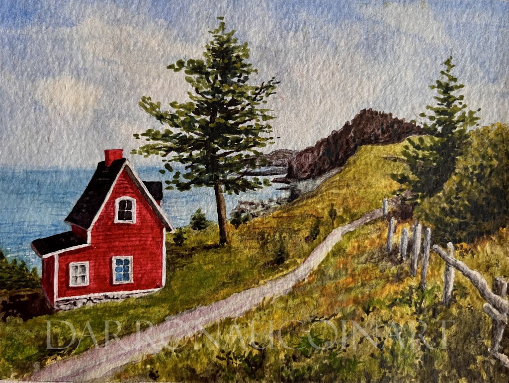 Watercolor painting of a red house on a hillside near the ocean, surrounded by trees and a path leading down the slope.