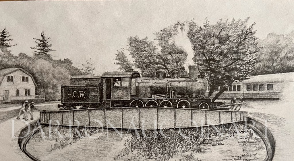 Pencil sketch of a steam locomotive on a turntable, surrounded by trees and buildings, with people in the foreground.