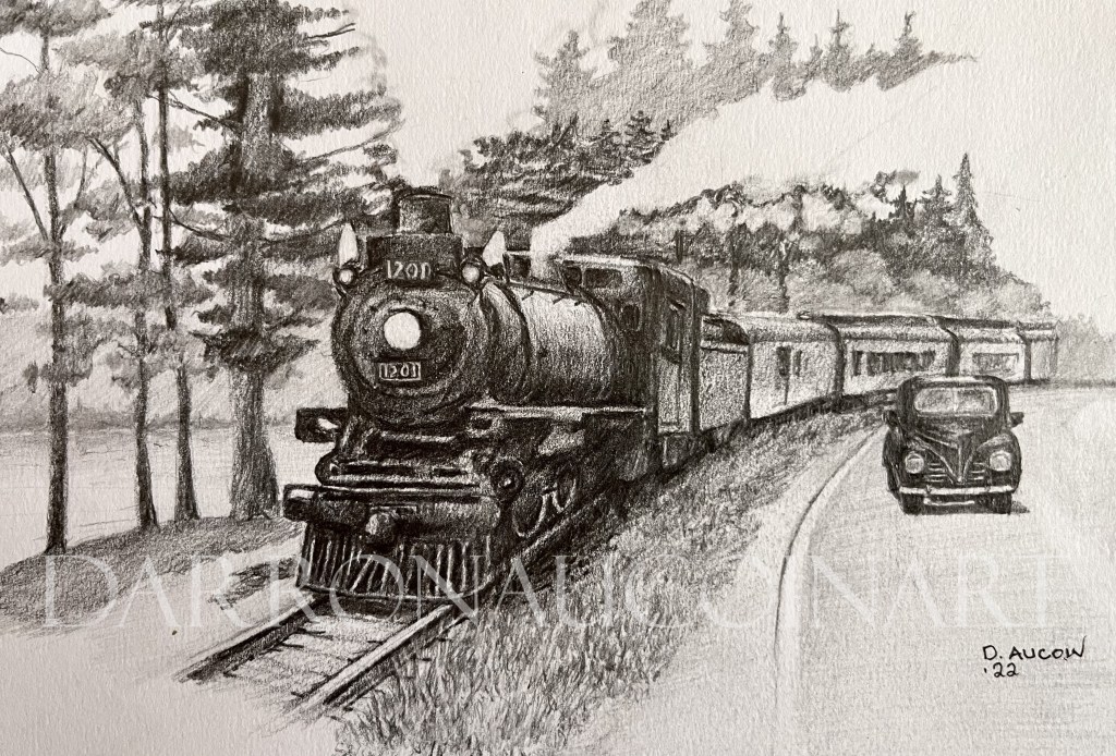 A pencil sketch of a vintage steam locomotive traveling on a track alongside trees, with a classic car on a nearby road.