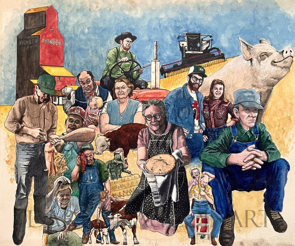 A colorful watercolor illustration depicting various farmers and rural workers interacting with animals and machinery in a vibrant agricultural setting.