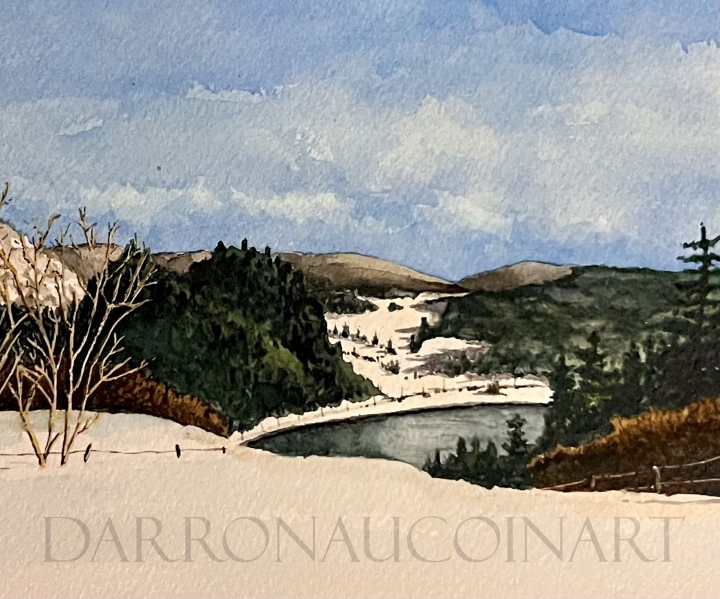 Watercolour painting of a winter landscape featuring snow-covered hills, evergreen trees, and a river, under a blue sky with soft clouds.