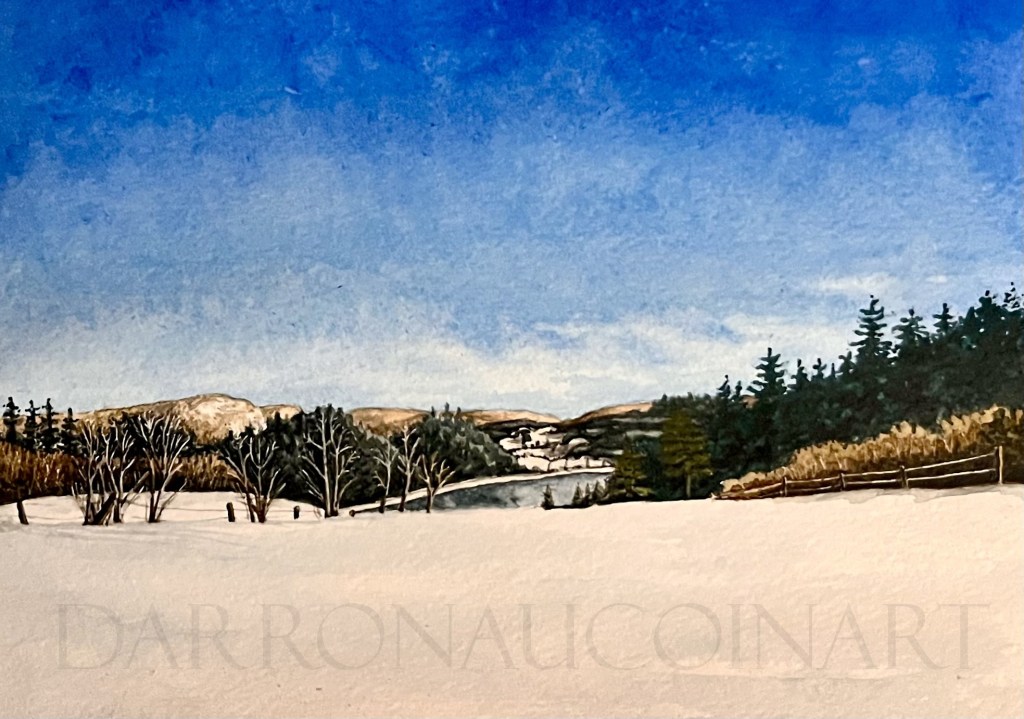 Watercolour painting of a serene winter landscape featuring a snowy field, trees in the foreground, and a distant view of hills under a bright blue sky.
