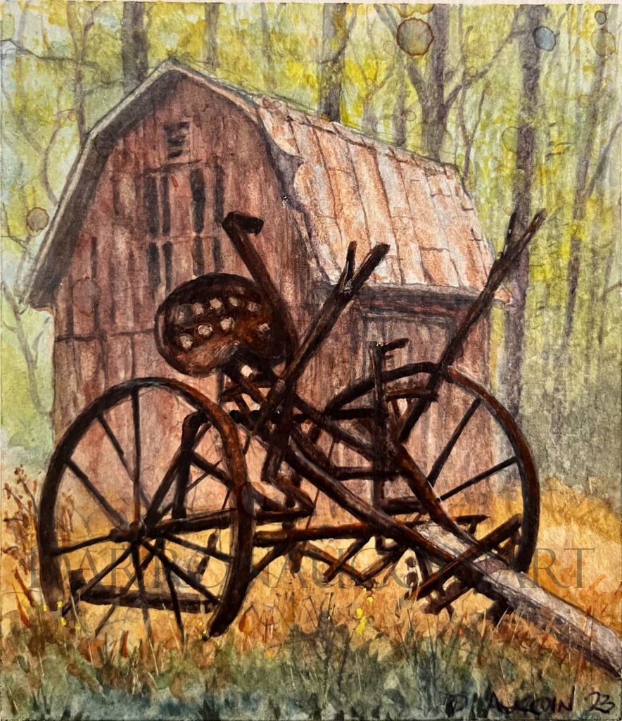 Watercolor painting of an old wooden barn with an antique rake situated in foreground among overgrown grass and trees in the background.