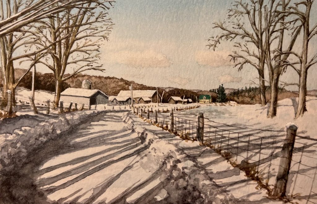 A long laneway leading to a distant house with many farm building on the way.