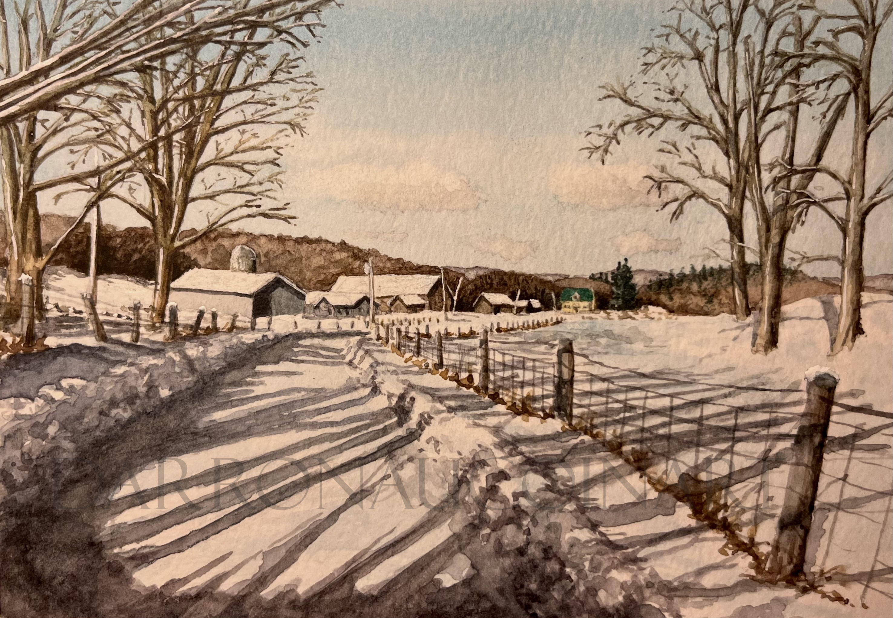 Watercolour painting of a winter landscape featuring a snow-covered path, bare trees, and a quaint farm in the background.