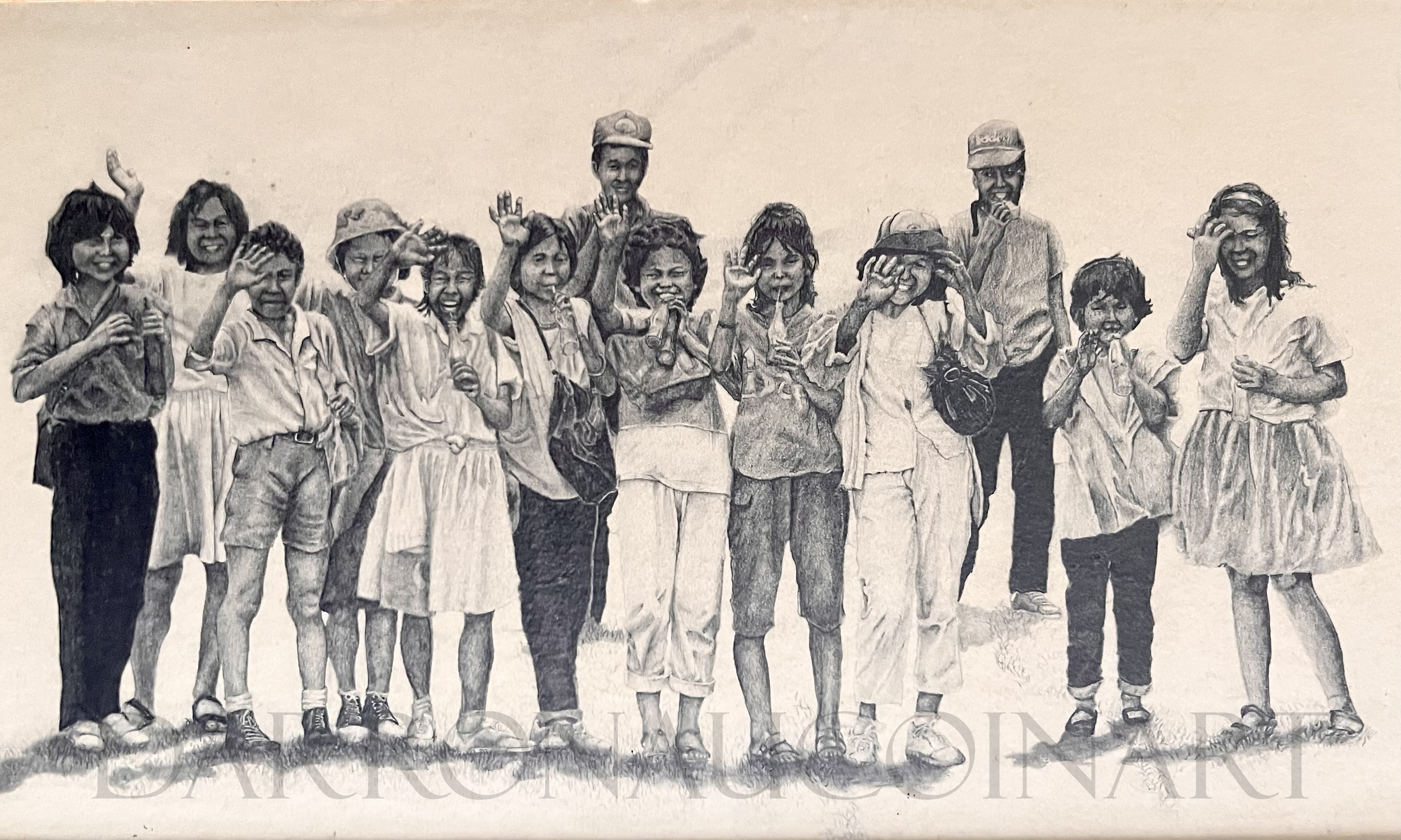 A group of children and a man standing together, waving and smiling. The scene captures a joyful moment with diverse expressions and poses.