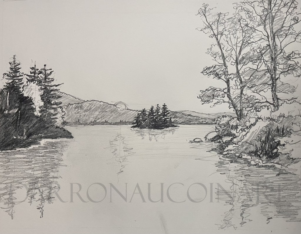Pencil sketch of a serene lakeside scene featuring trees and distant mountains, capturing reflections in the water.