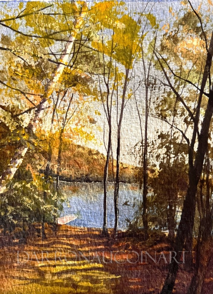 Watercolour painting of a serene lakeside scene with golden autumn leaves and tall trees casting reflections on the water.