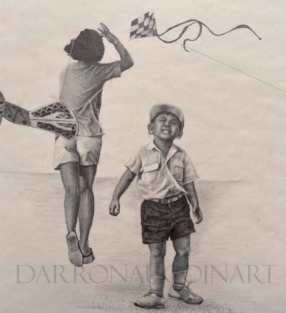 A detailed pencil sketch of two children outdoors, one girl with her back turned, waving at a flying kite, and a boy in the foreground smiling and looking up.
