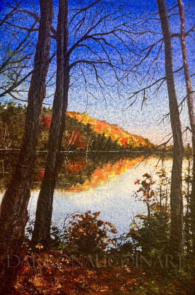 Watercolour painting of a serene landscape featuring tall trees, a calm river reflecting the sky, and autumn foliage in vibrant colors.