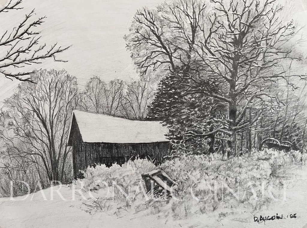 Pencil sketch of a barn surrounded by trees in a winter landscape, showcasing intricate details and tonal contrasts.