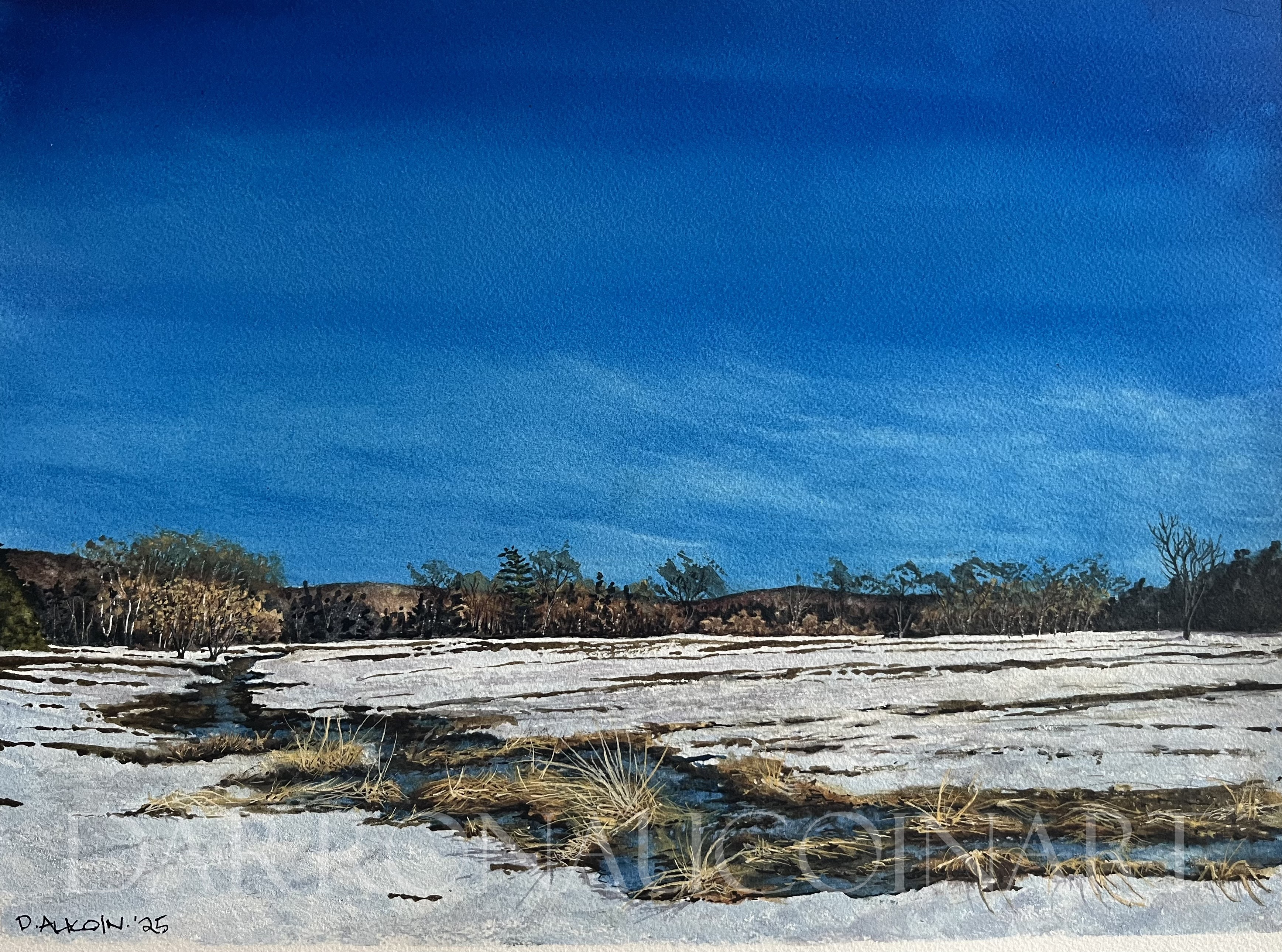 Watercolour painting of a serene landscape with a bright blue sky, featuring snow-covered ground and patches of grass, illustrating the beauty of nature.