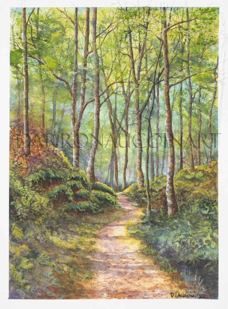 A serene watercolour painting depicting a winding pathway through a lush green forest, with tall trees and vibrant foliage.