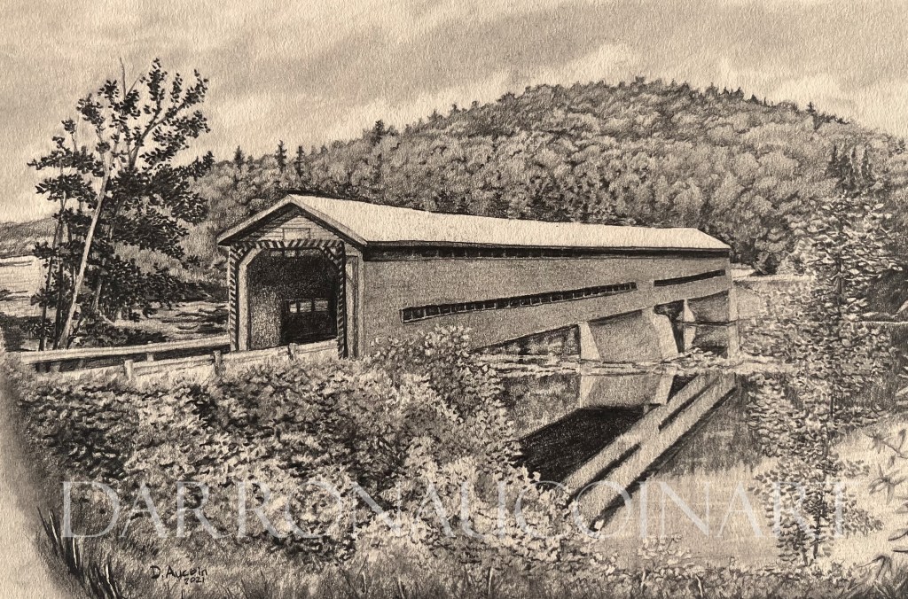 A detailed pencil sketch of a covered bridge surrounded by trees and a river, showcasing the interplay of light and shadow to create depth.