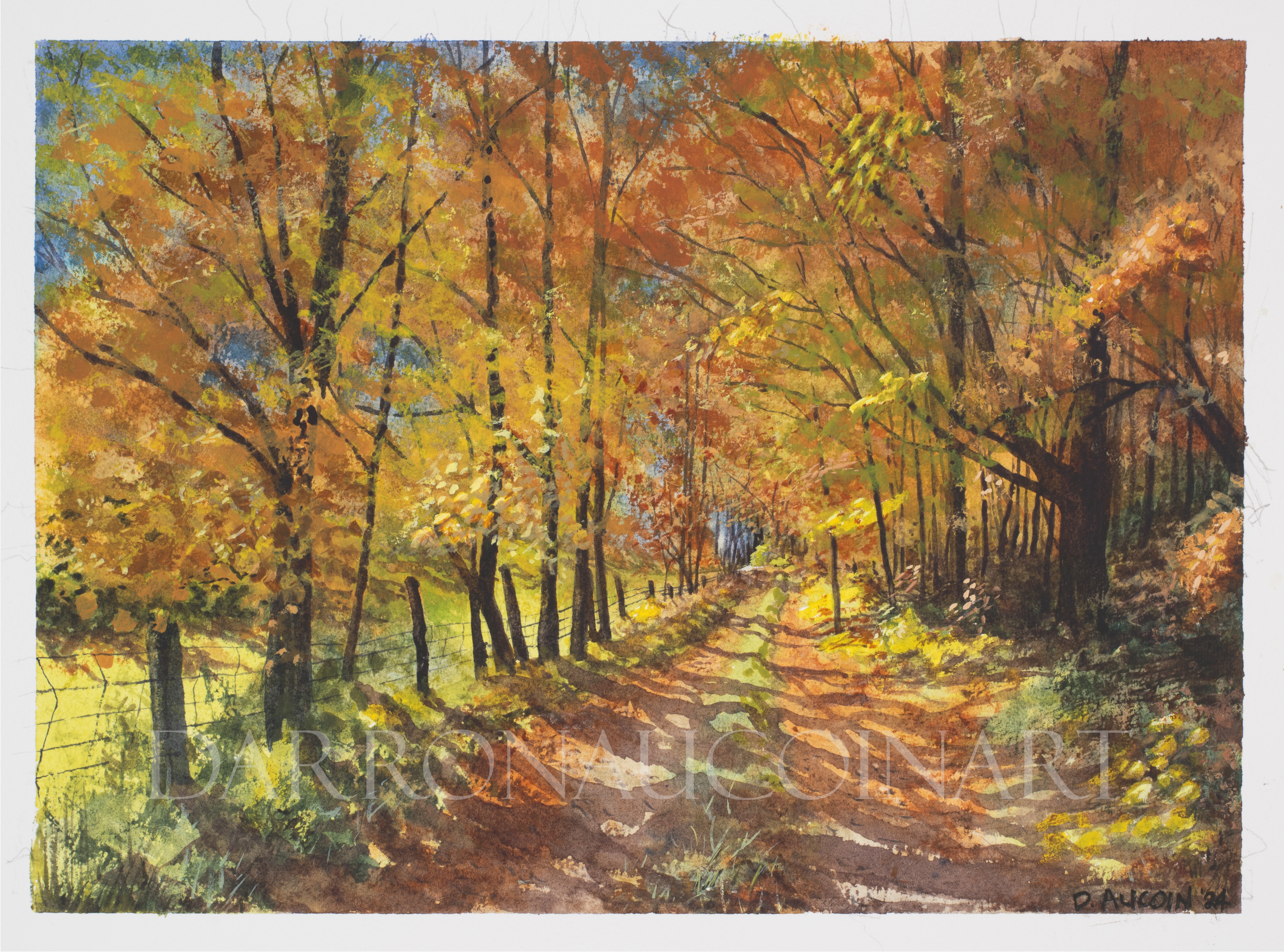 Watercolour painting of a sunlit path through trees in autumn, featuring vibrant orange and yellow foliage.