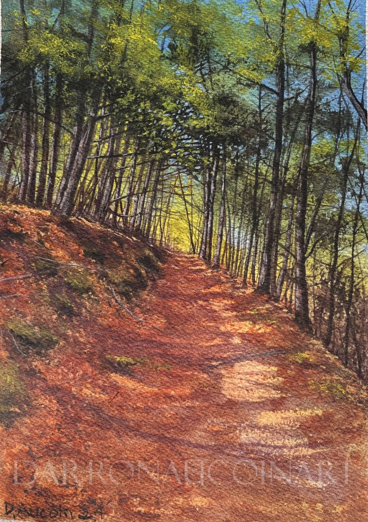 A serene watercolor painting depicting a winding forest path with sunlit trees and foliage, showcasing warm earthy tones and a peaceful atmosphere.