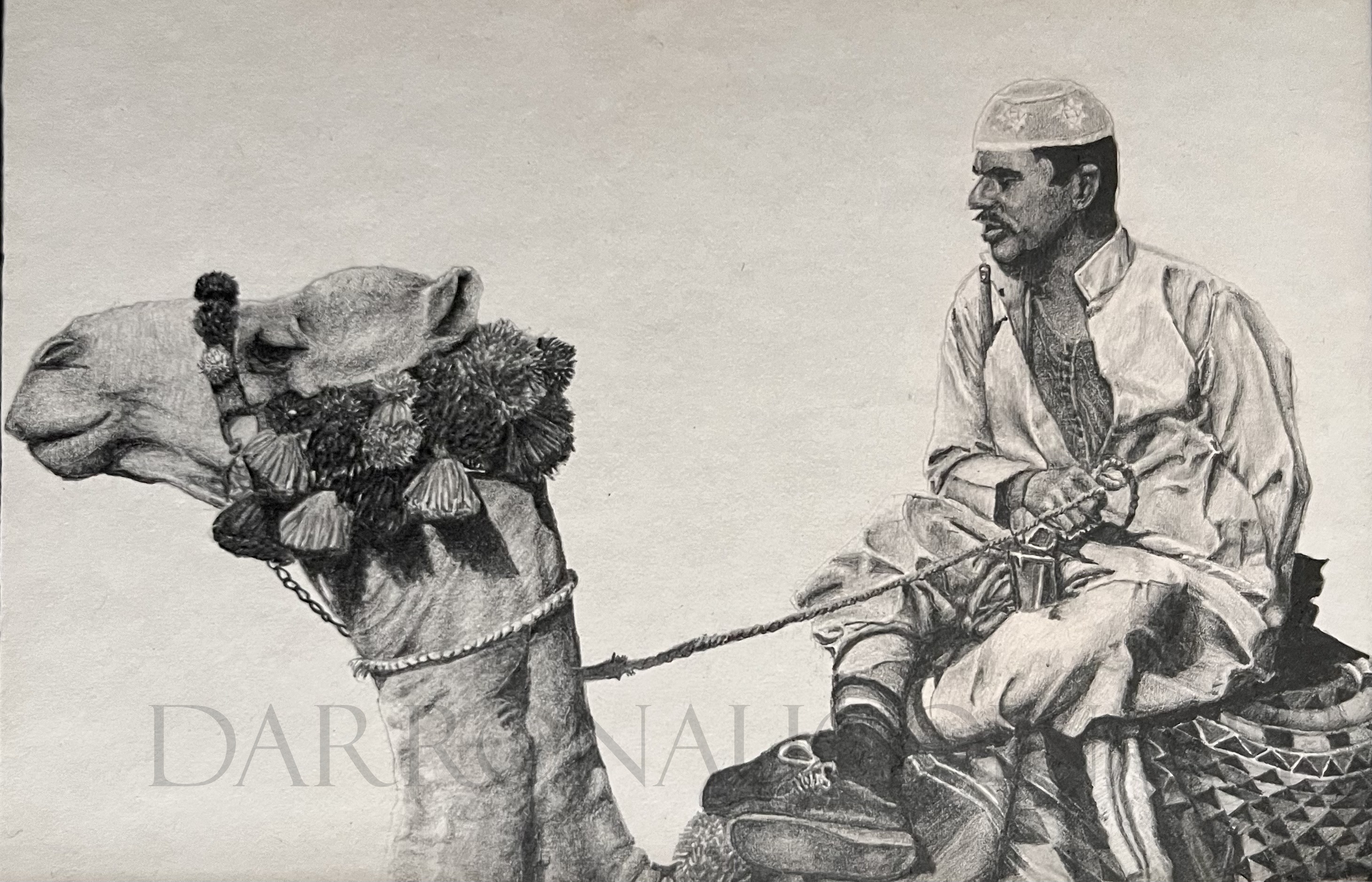 A detailed pencil drawing of a man wearing a traditional outfit and cap, sitting atop a decorated camel. The camel features colorful tassels, and both the man and camel are depicted in a serene pose.
