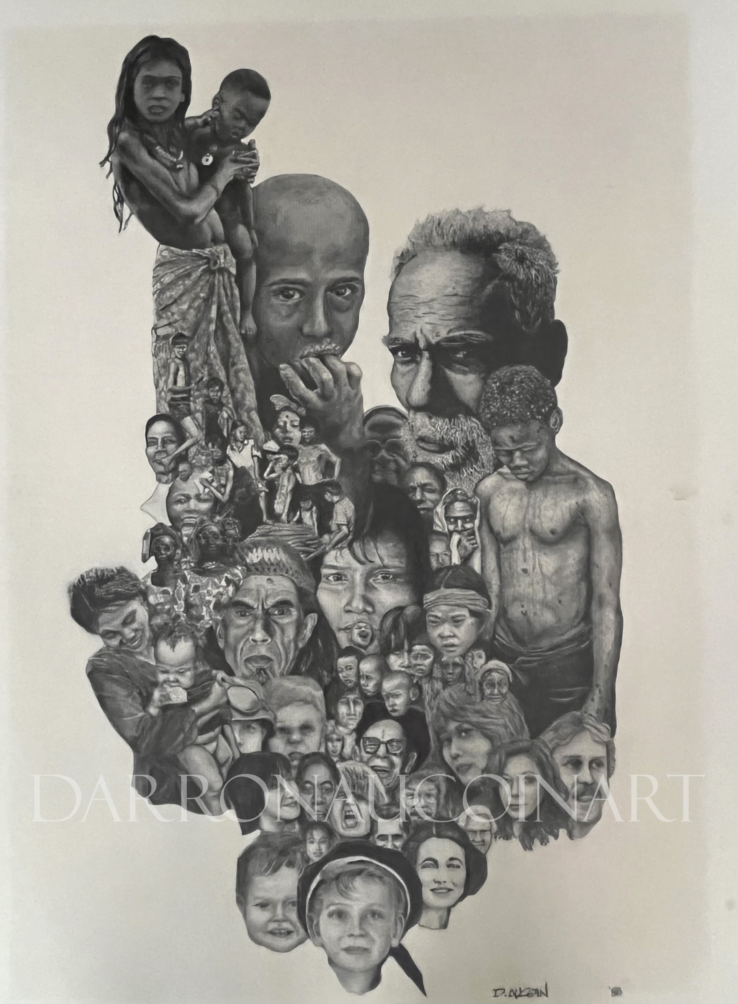 A detailed portrait collage featuring diverse faces, showcasing a range of emotions and expressions, drawn in a realistic style.