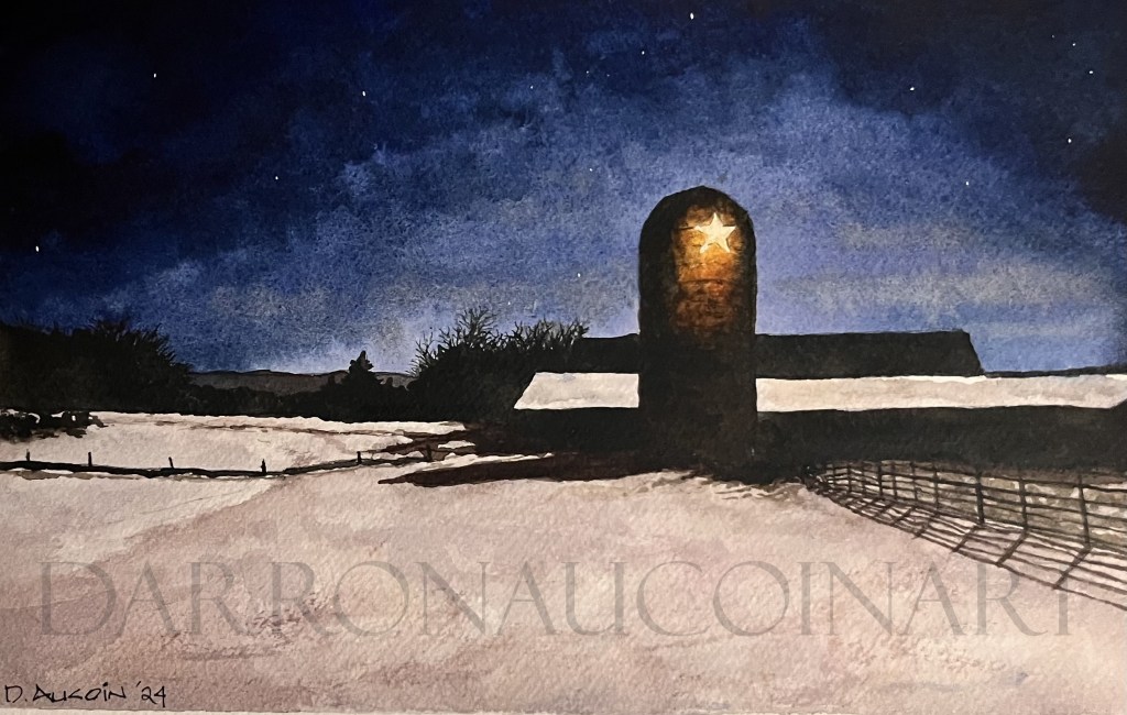 Watercolour painting of a barn with a star illuminated in the night sky, surrounded by snow-covered fields and distant trees.