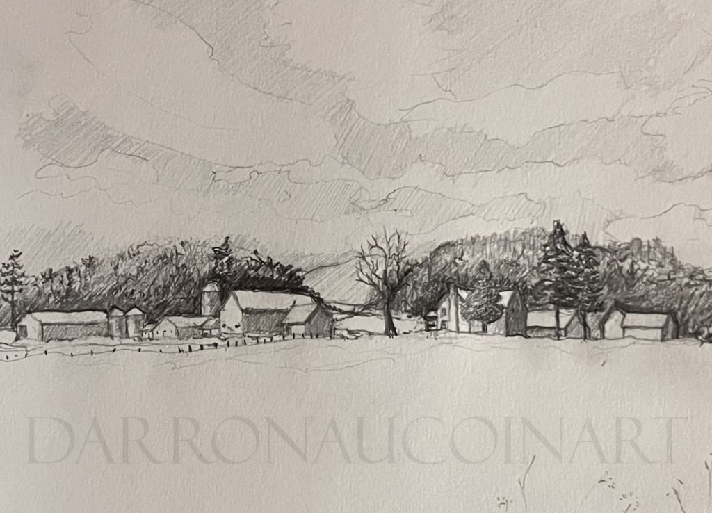 Pencil sketch of a rural landscape featuring barns, trees, and hills under a cloudy sky.