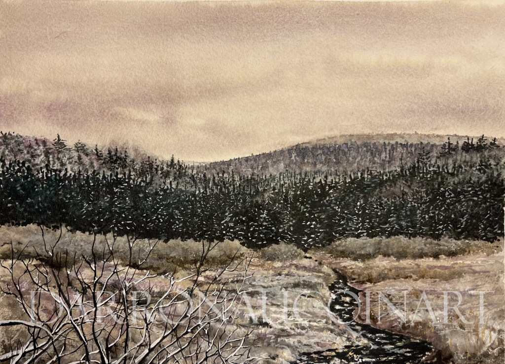 Watercolour painting depicting a serene landscape with a foreground of bare branches, a winding creek, and a backdrop of dense evergreen trees against a muted sky.