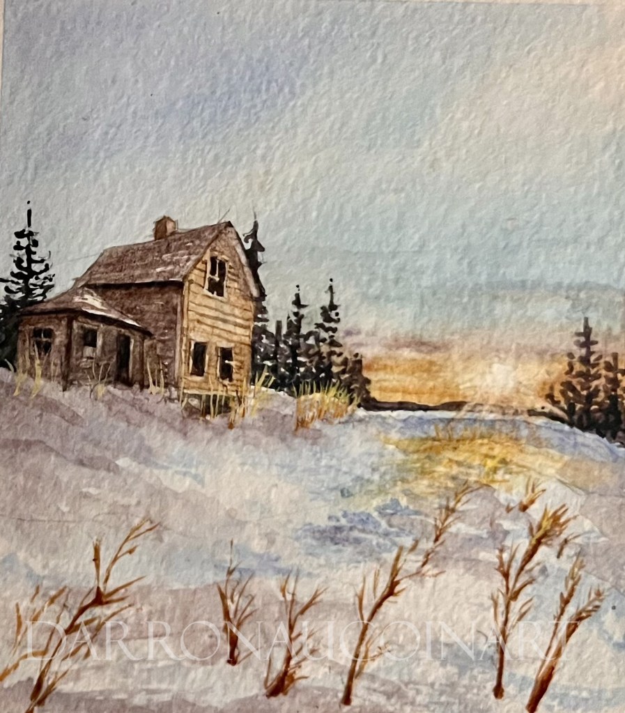Watercolour painting of a rustic wooden house surrounded by snow, with evergreen trees in the background and a soft sunset in the sky.
