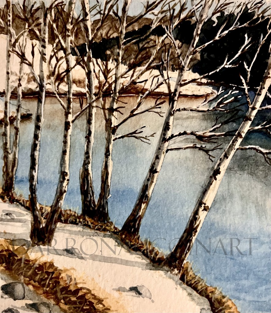 Watercolour painting of bare trees along a serene waterbody, capturing a tranquil winter scene.