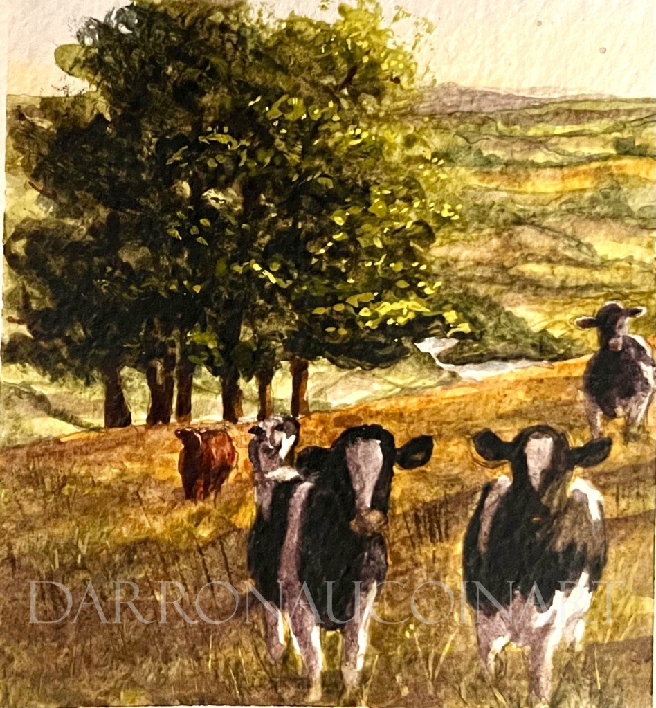 A watercolour painting depicting cows in a field with trees and rolling hills in the background, showcasing soft colors and a serene landscape.