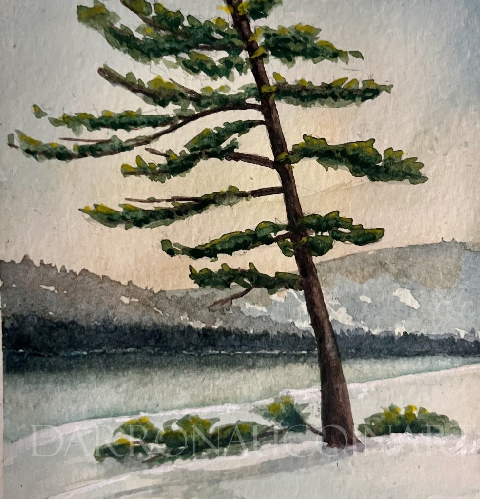 Watercolour painting of a tall tree beside a misty, calm body of water, with soft colors and a serene landscape in the background.