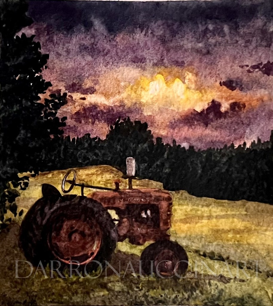 Watercolour painting of a rustic tractor in a field under a dramatic sunset sky with clouds, showcasing rich colors and textures.