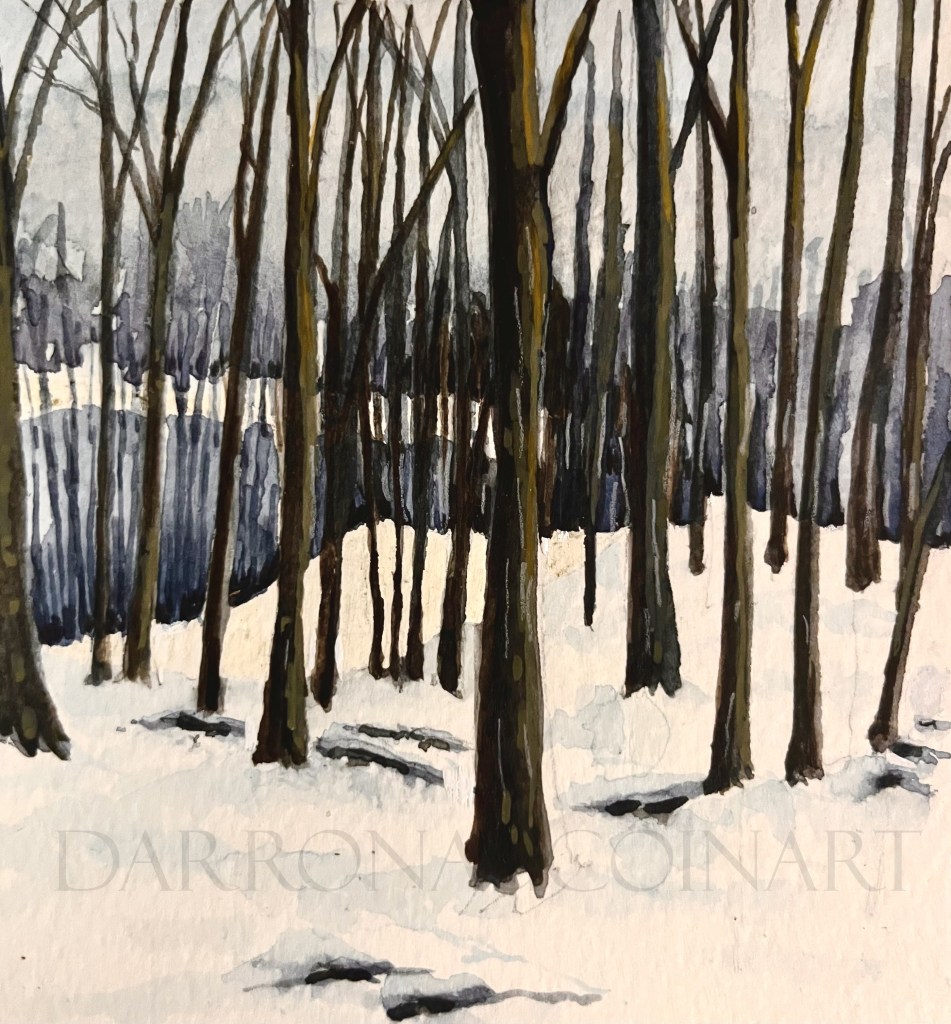 Watercolour painting of a snowy forest scene with tall, bare trees and a body of water in the background.