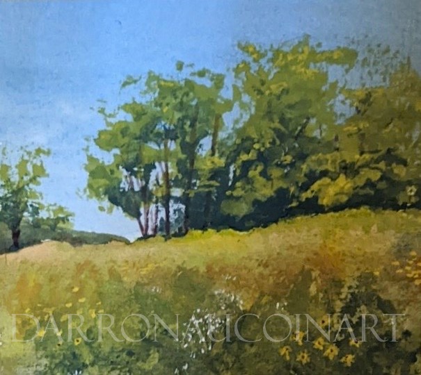 A vibrant watercolor painting depicting a serene landscape with green trees and a grassy field under a blue sky.