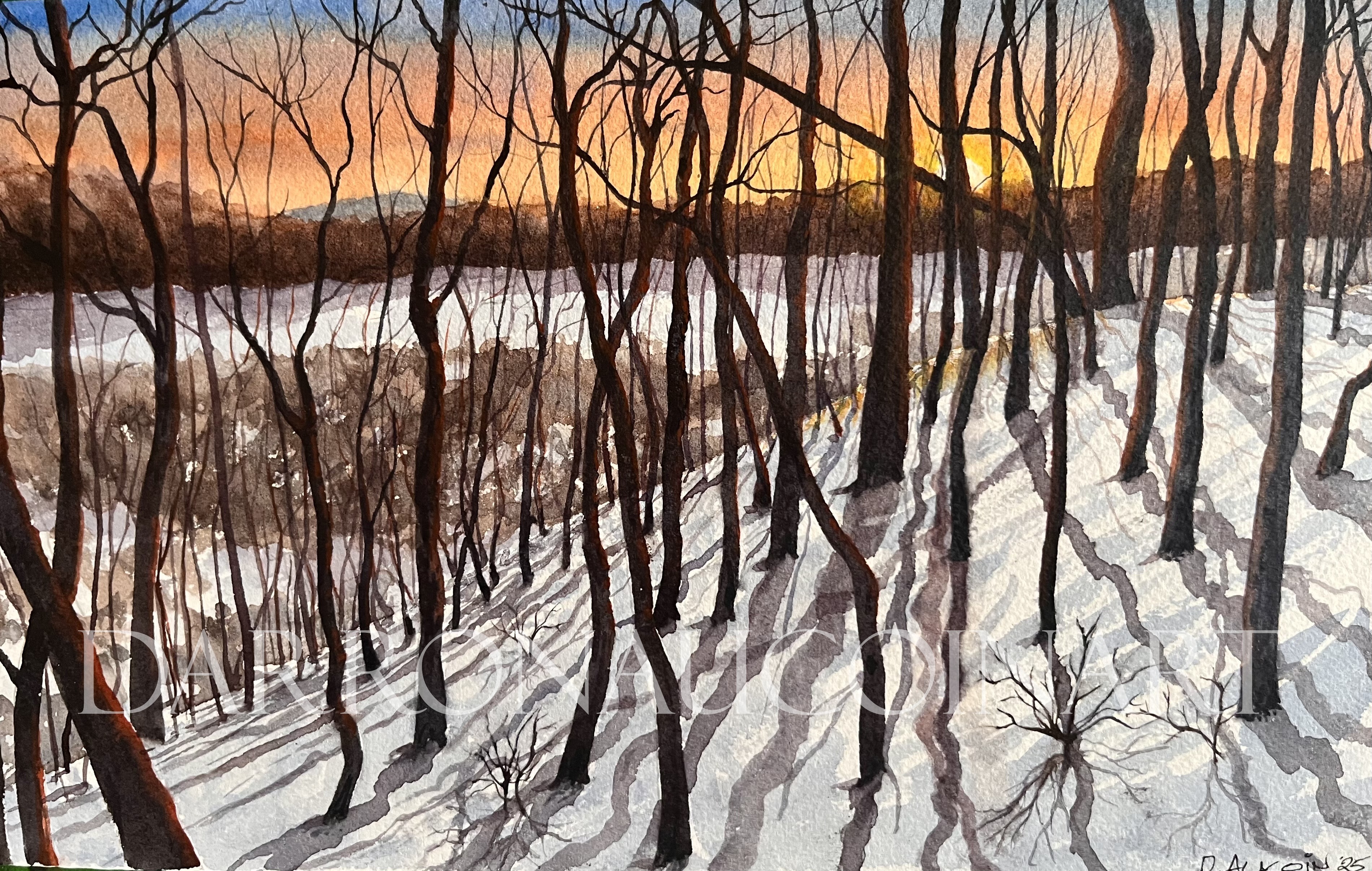 Watercolour painting of a winter landscape featuring bare trees casting long shadows over a snowy ground, with a soft sunset in the background.