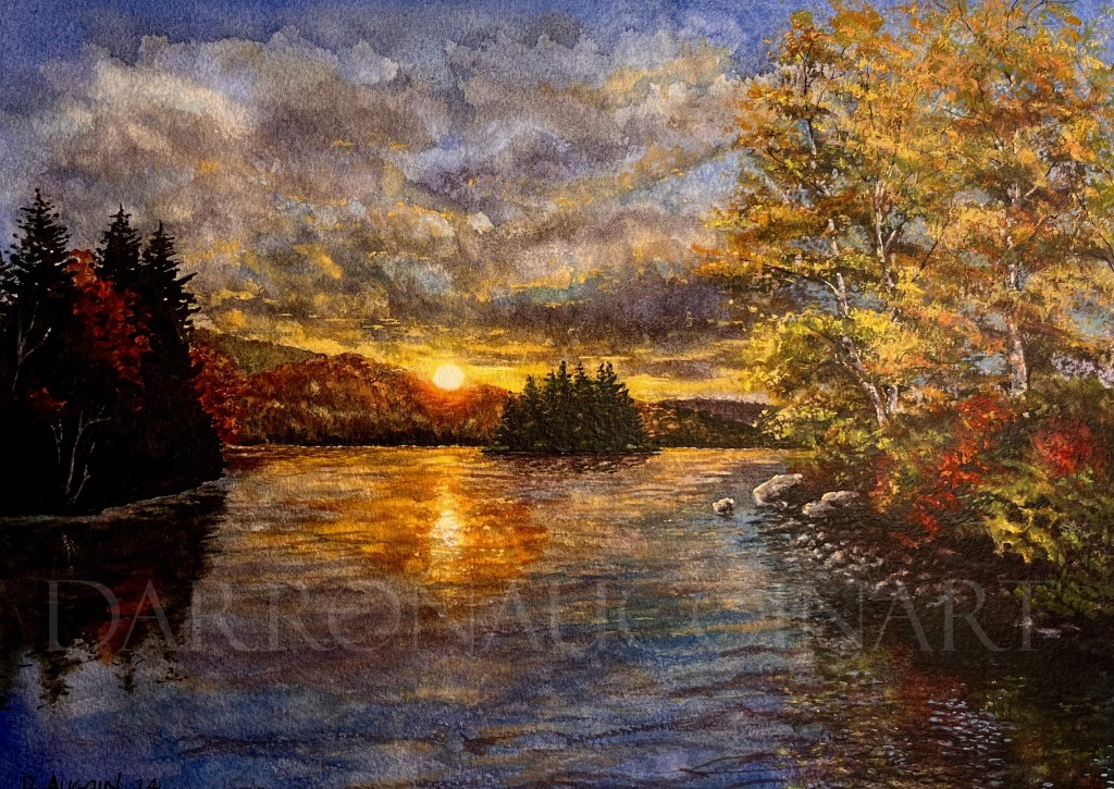 A vibrant watercolor painting depicting a serene landscape at sunset, featuring a reflective river bordered by lush trees in autumn colors and a dramatic cloudy sky.