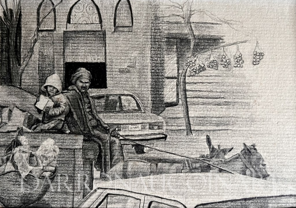 Black and white pencil drawing of two figures, a man and a child, sitting on a cart with a horse, in front of a building. The child is holding a book, while the man looks towards the viewer. Trees and grapes can be seen in the background.