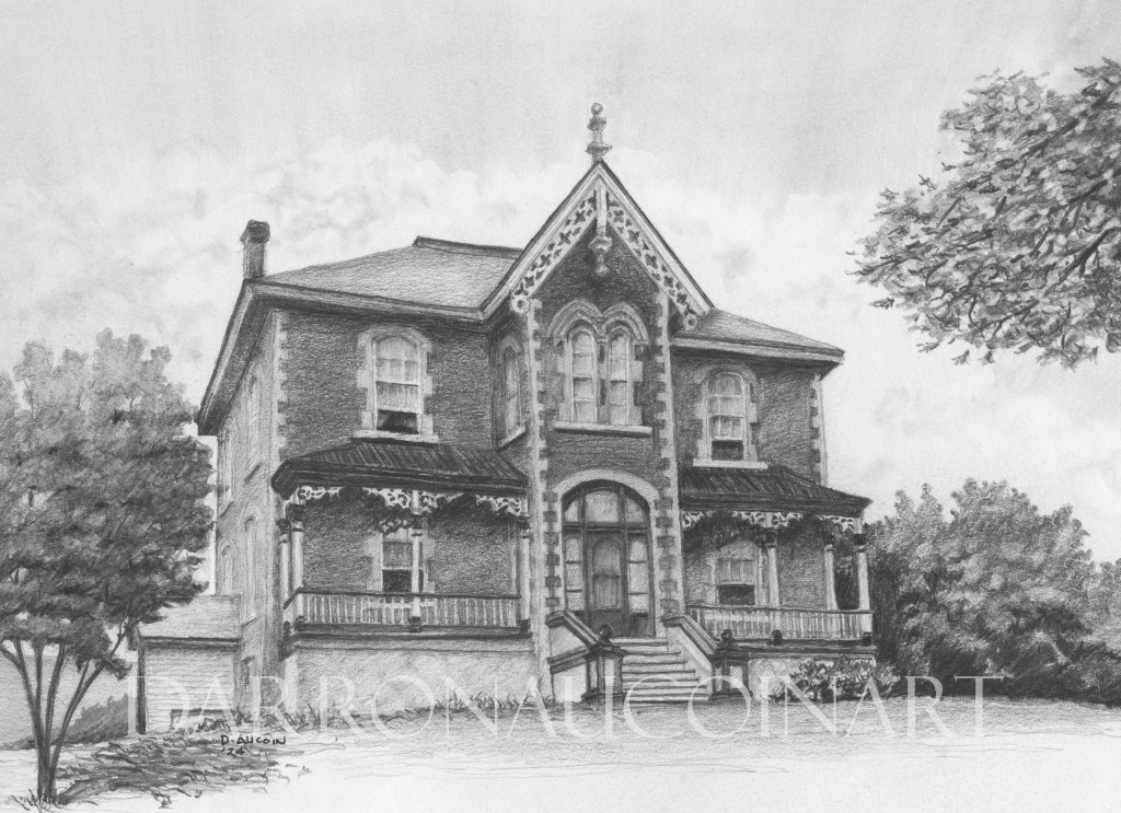 A detailed pencil sketch of a Victorian-style house with intricate architectural features, surrounded by trees.
