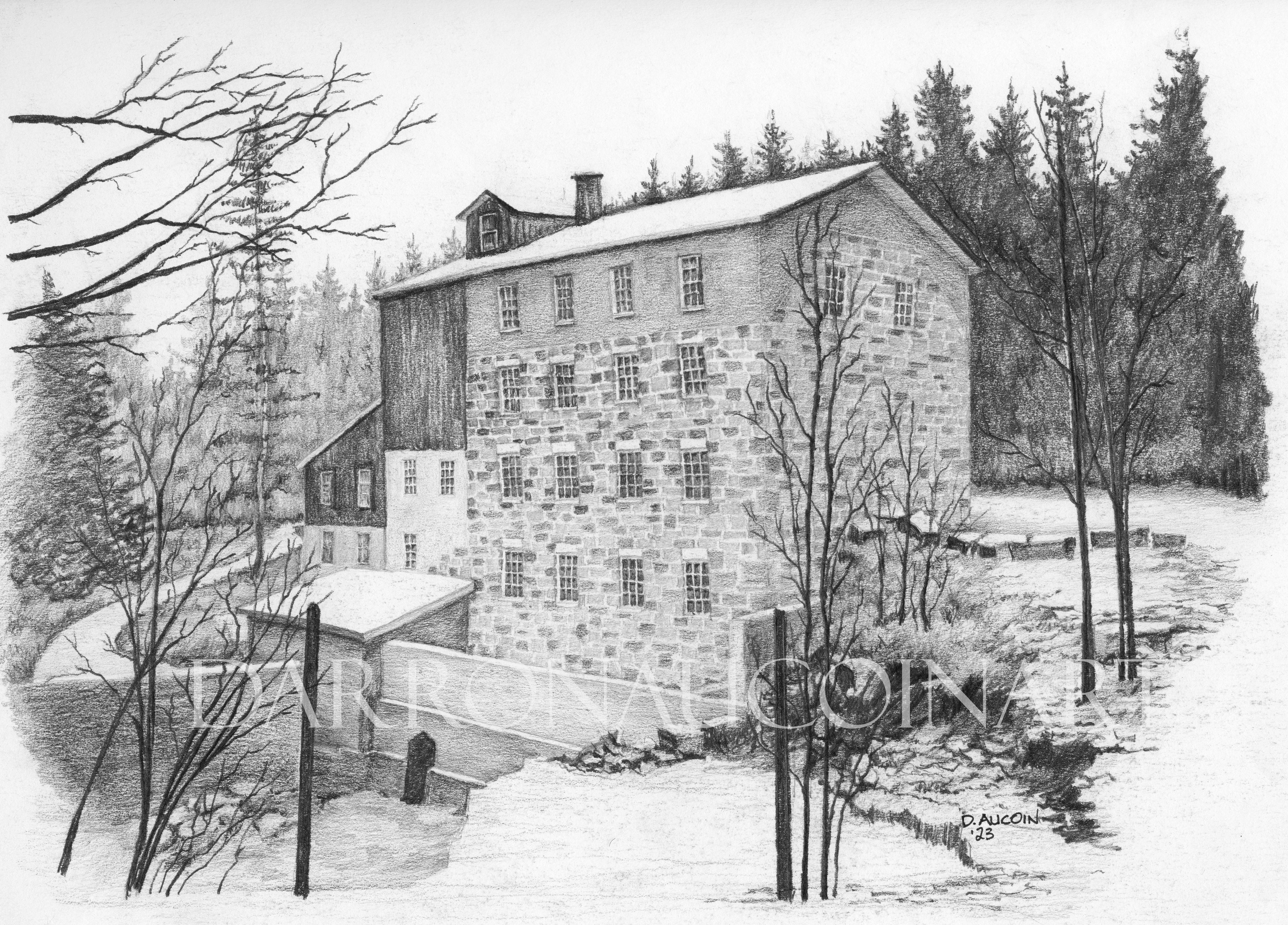 Pencil sketch of a stone and wooden building surrounded by trees and snow, depicting a serene winter scene.