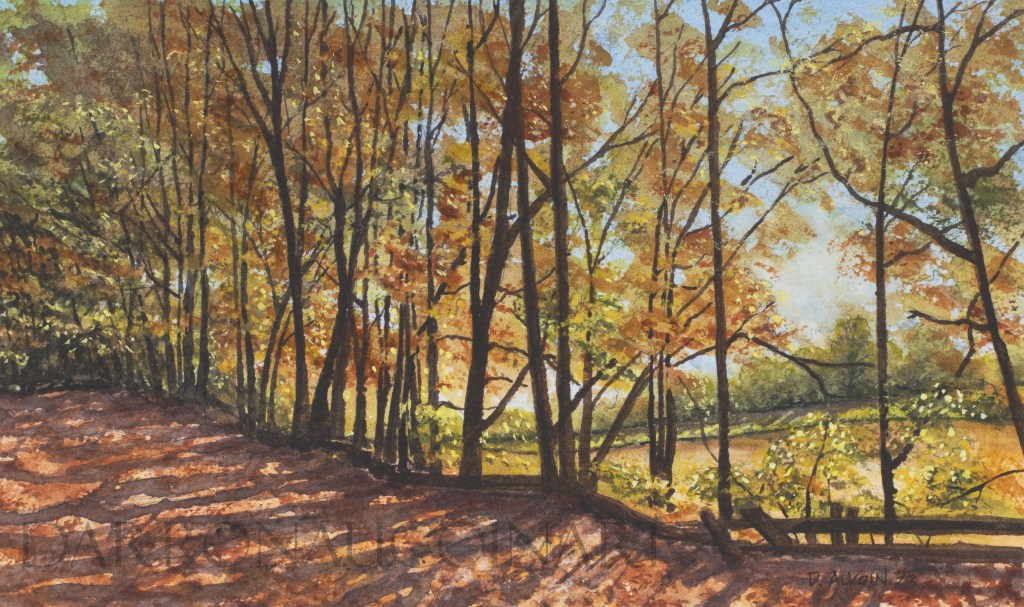 A watercolour painting depicting a tree-lined scene in autumn with vibrant orange and yellow foliage, dappled light on the ground, and a serene background.